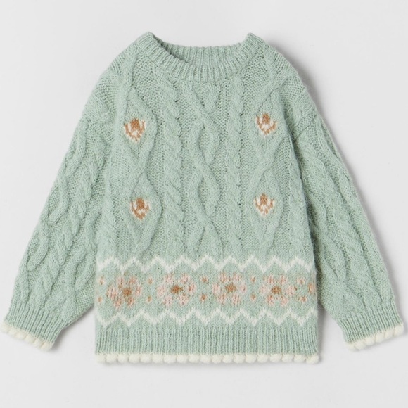 ZARA Kids | Sea Green | Jacquard Cable Knit Sweater - Picture 1 of 8